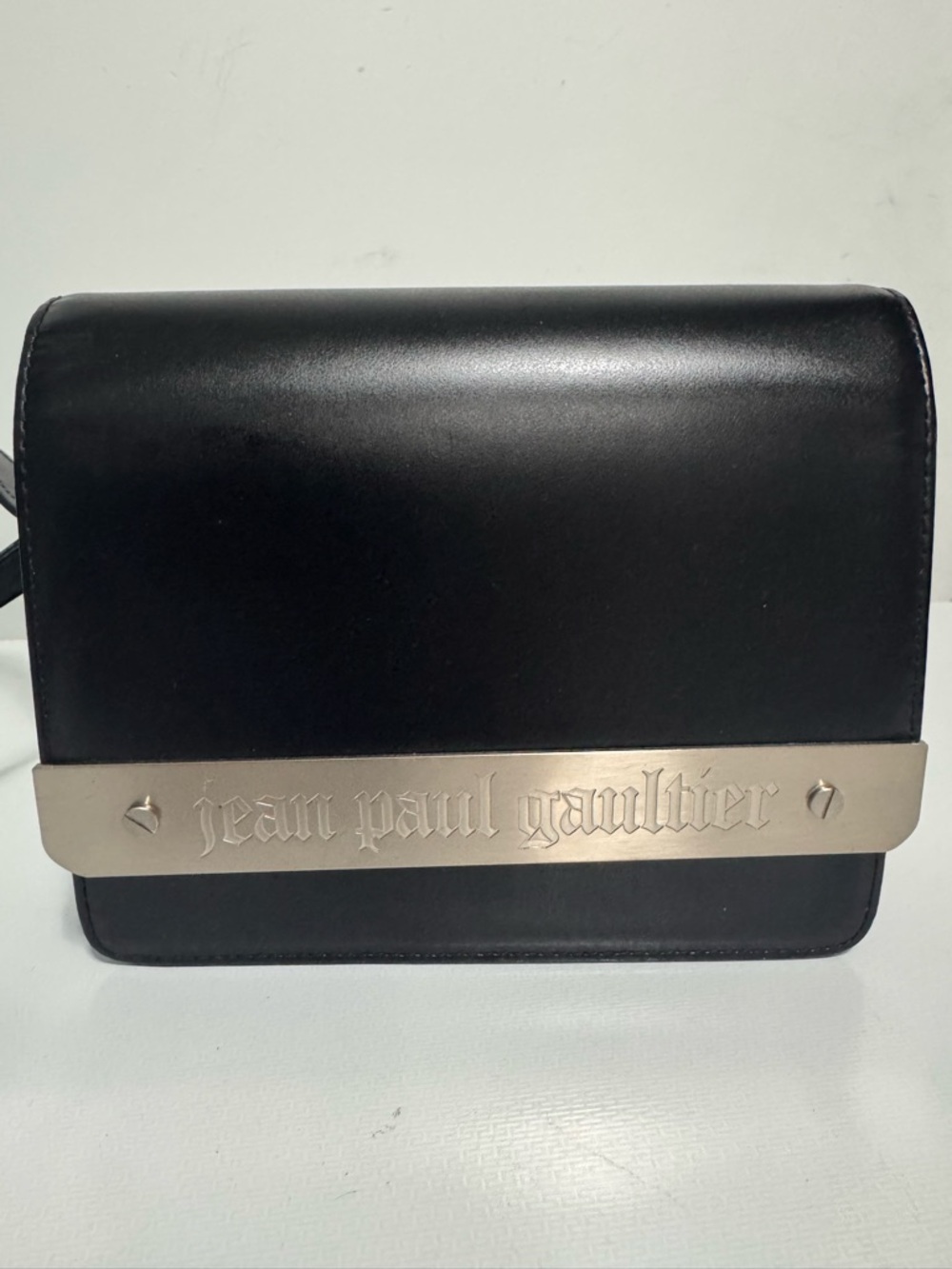 Vintage Jean Paul Gaultier Black Leather Messenger Bag with Silver Plaque